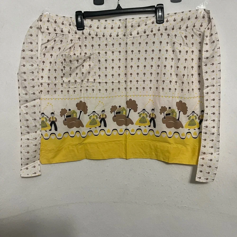 Vintage Dutch Folk Art Half Apron Yellow Brown Cottages Figures One Pocket Retro
